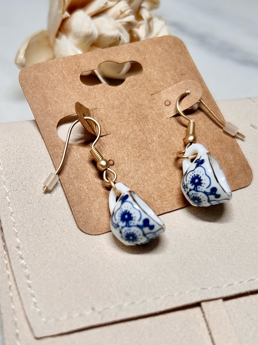 Miniature Blue Vintage Porcelain Teacup Earrings Chinoiserie Cottagecore Prairie